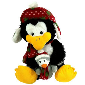 Publix Stuffed Plush Winter Sitting Penguin and Baby 2014 Black Red 15"